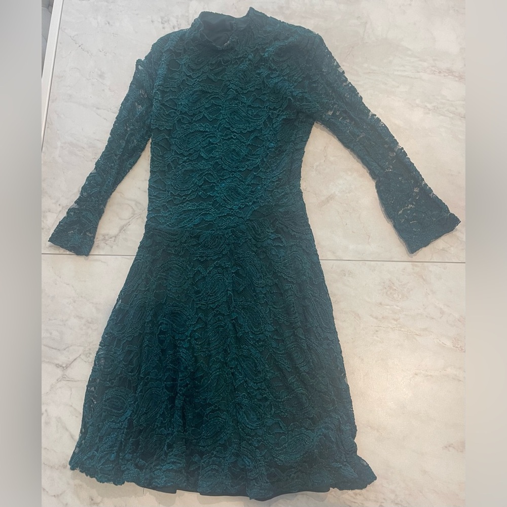 Green Lace Turtleneck Skater Dress with Open Back